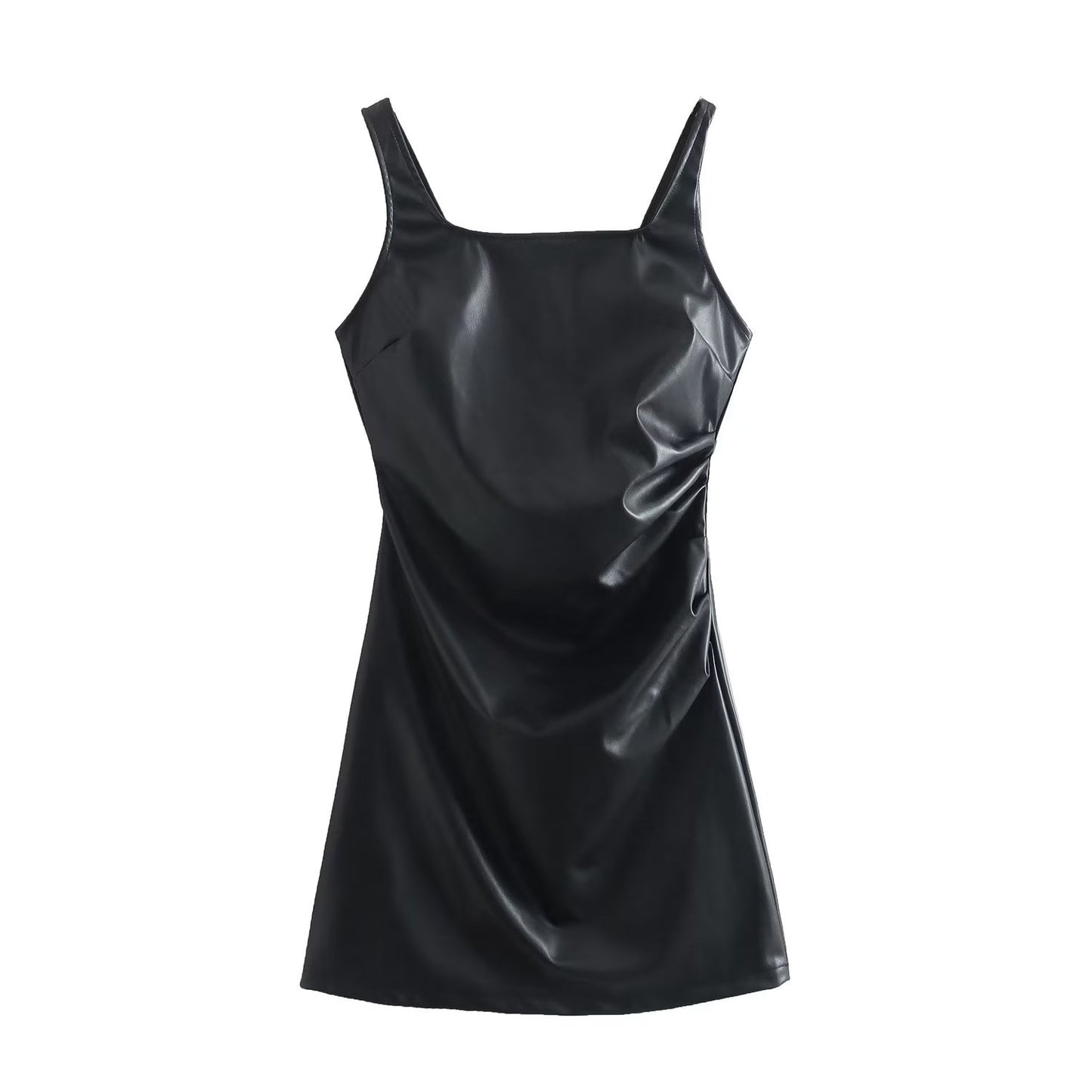 Square Neck Ruched Faux Leather Mini Dress