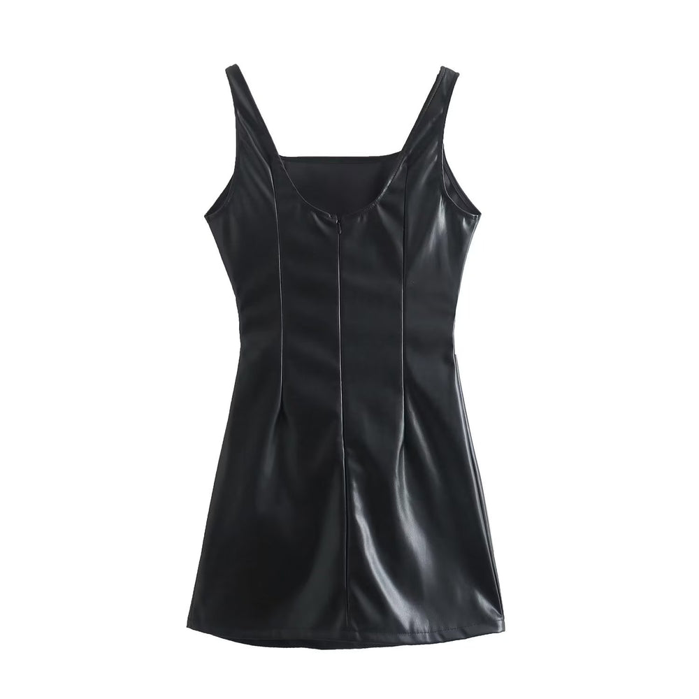 Square Neck Ruched Faux Leather Mini Dress