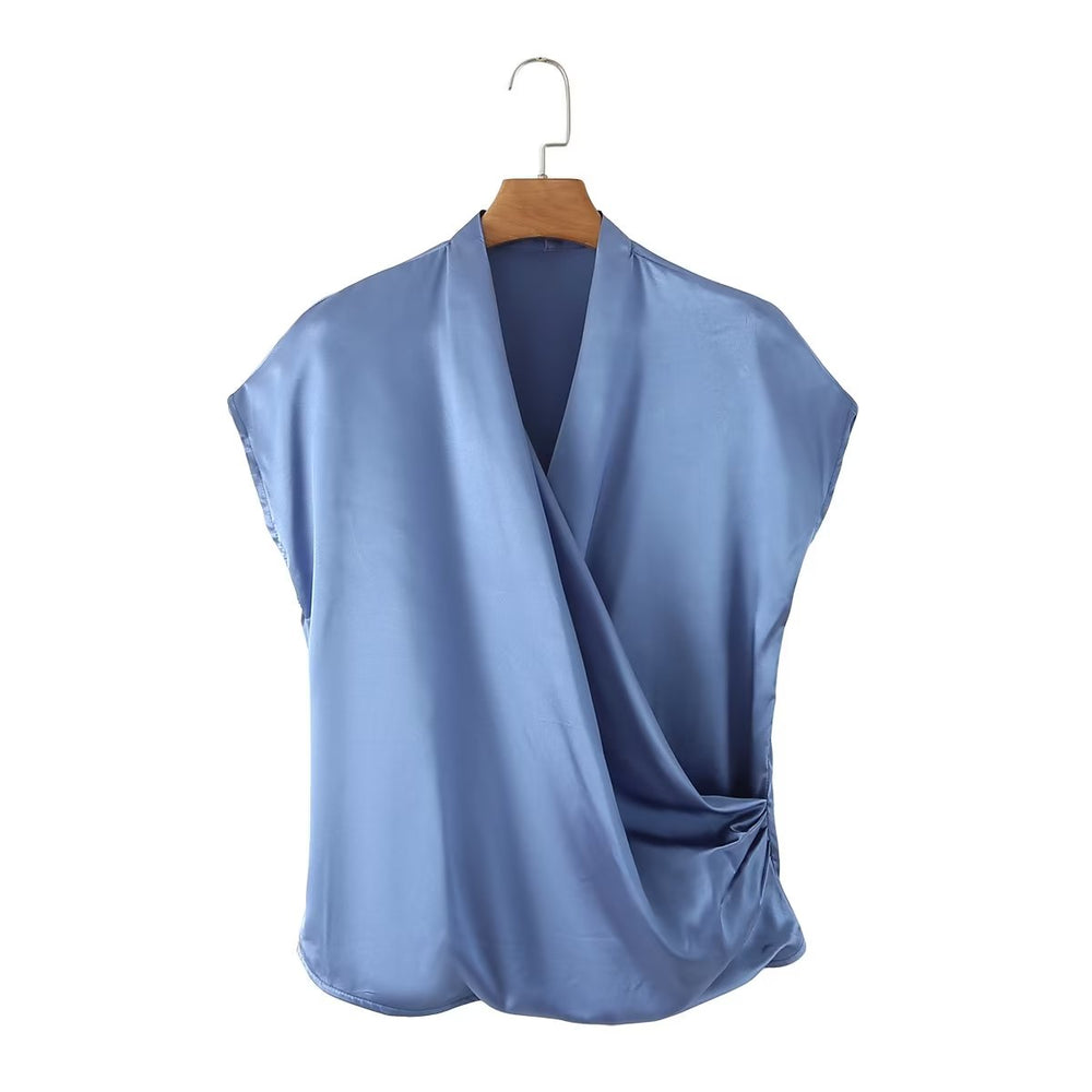 
                  
                    Short Sleeve Draped Wrap Satin Blouse
                  
                