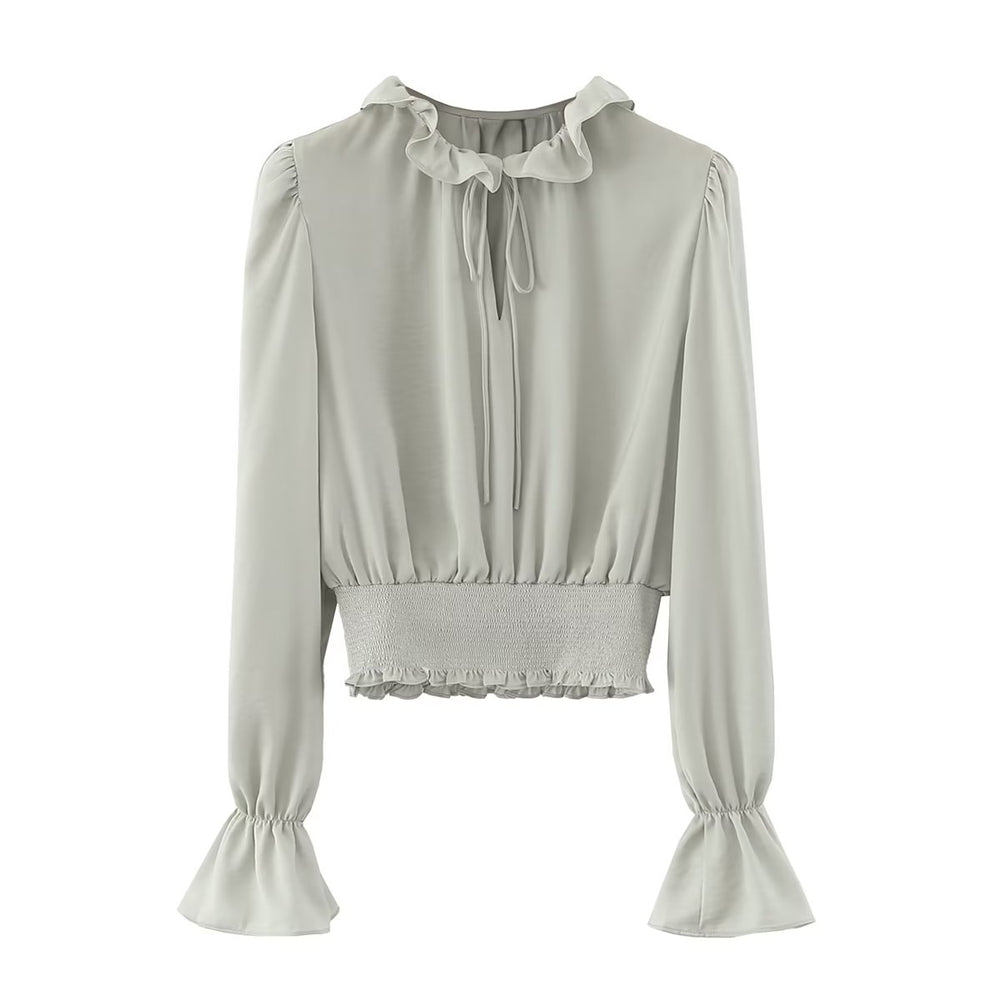 Long Sleeve Ruffle Trim Tied Blouse