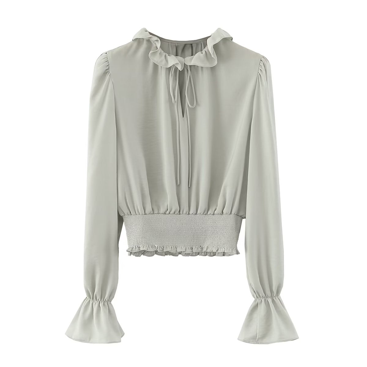 Long Sleeve Ruffle Trim Tied Blouse