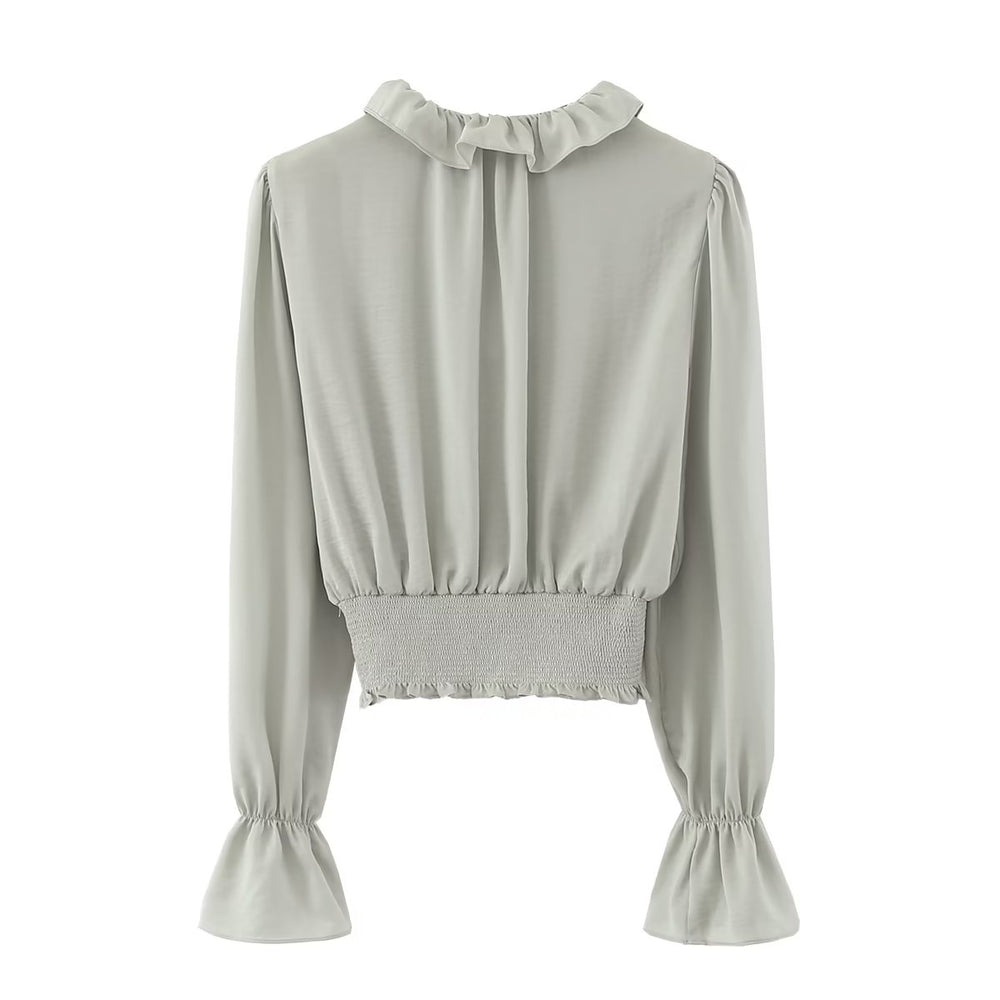 Long Sleeve Ruffle Trim Tied Blouse