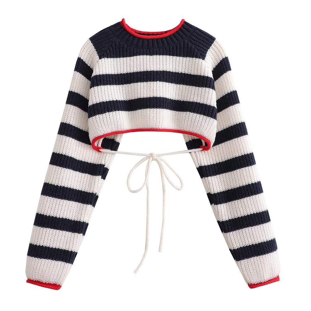 
                      
                        Red Trim Neckline and Hem Cropped Striped Sweater
                      
                    