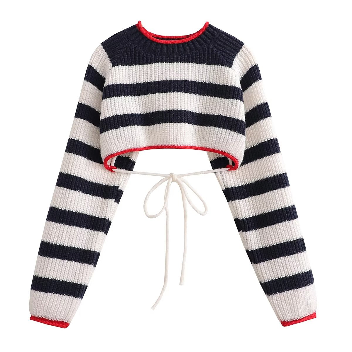 Red Trim Neckline and Hem Cropped Striped Sweater