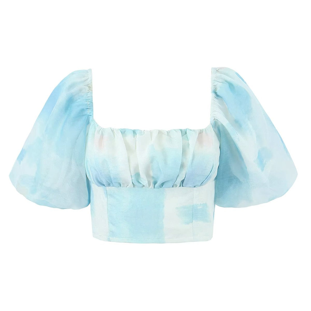 Puffy Sleeve Square Neckline Printed Crop Top