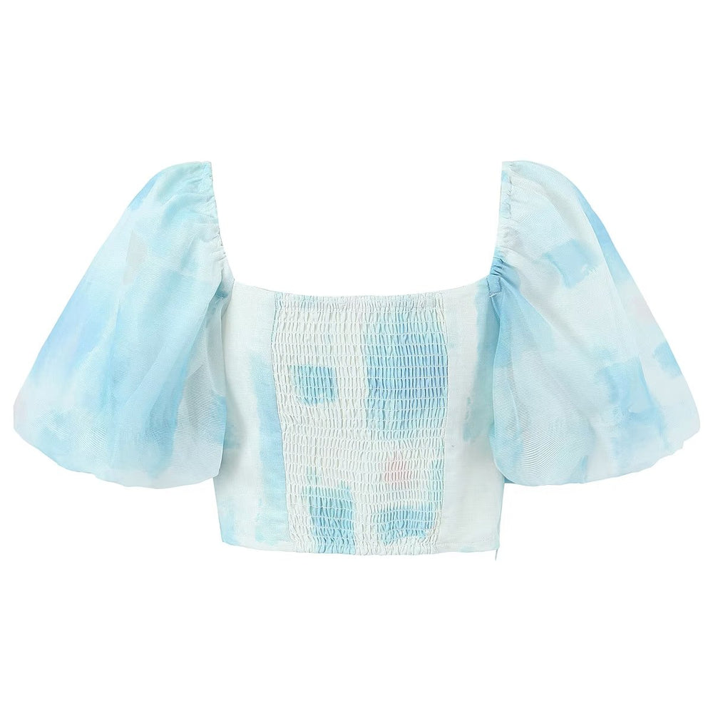 
                      
                        Puffy Sleeve Square Neckline Printed Crop Top
                      
                    