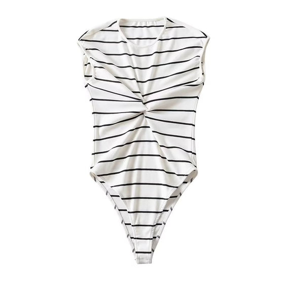 Striped Knot Front Sleeveless Bodysuit