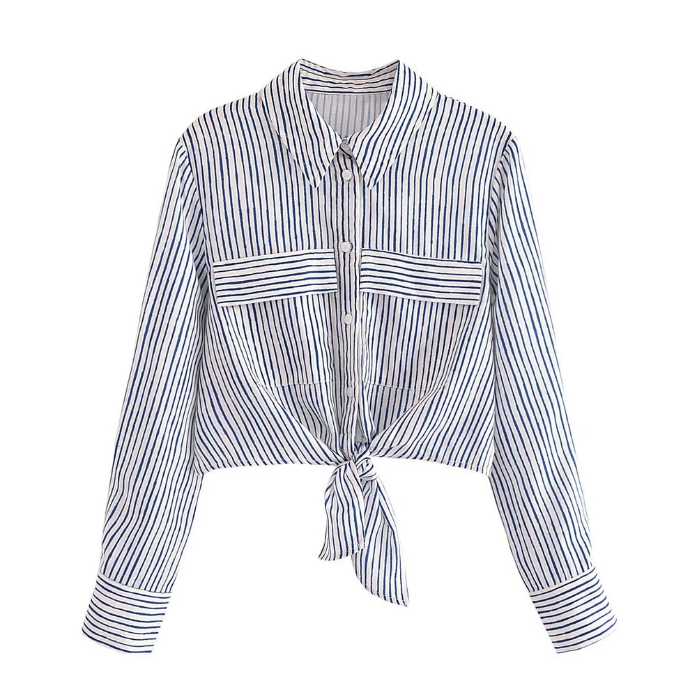 Long Sleeve Striped Button Down Cropped Blouse