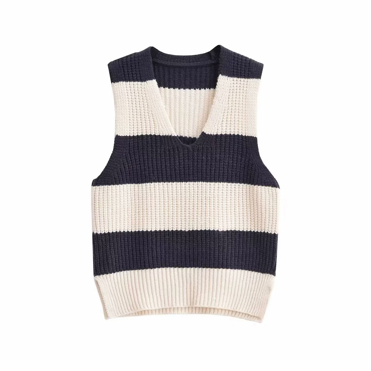 V Neck Striped Sleeveless Knit Top