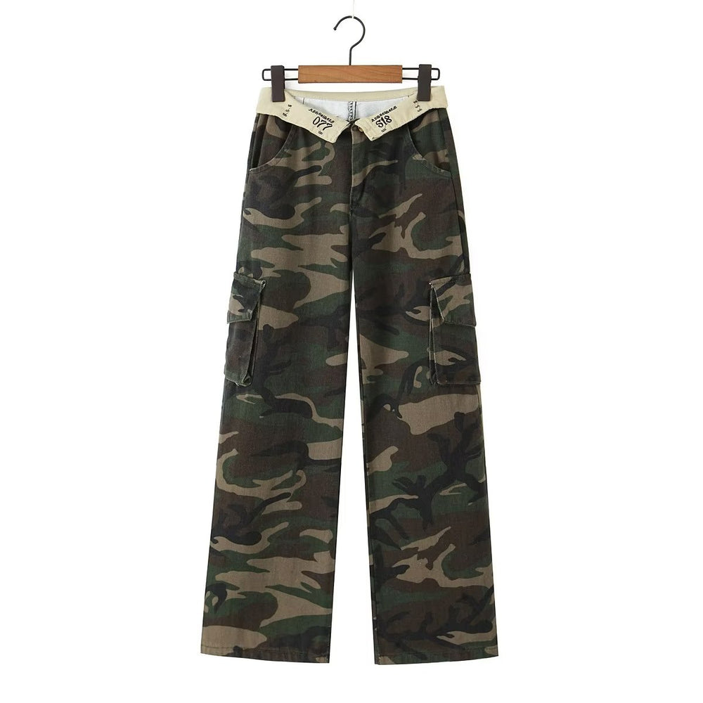 Foldover Waist Low Rise Cargo Camo Pants