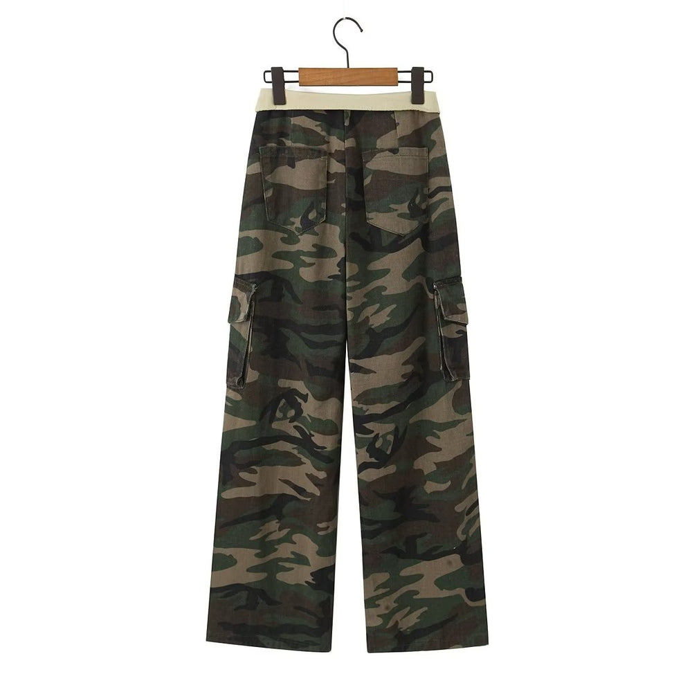 
                      
                        Foldover Waist Low Rise Cargo Camo Pants
                      
                    