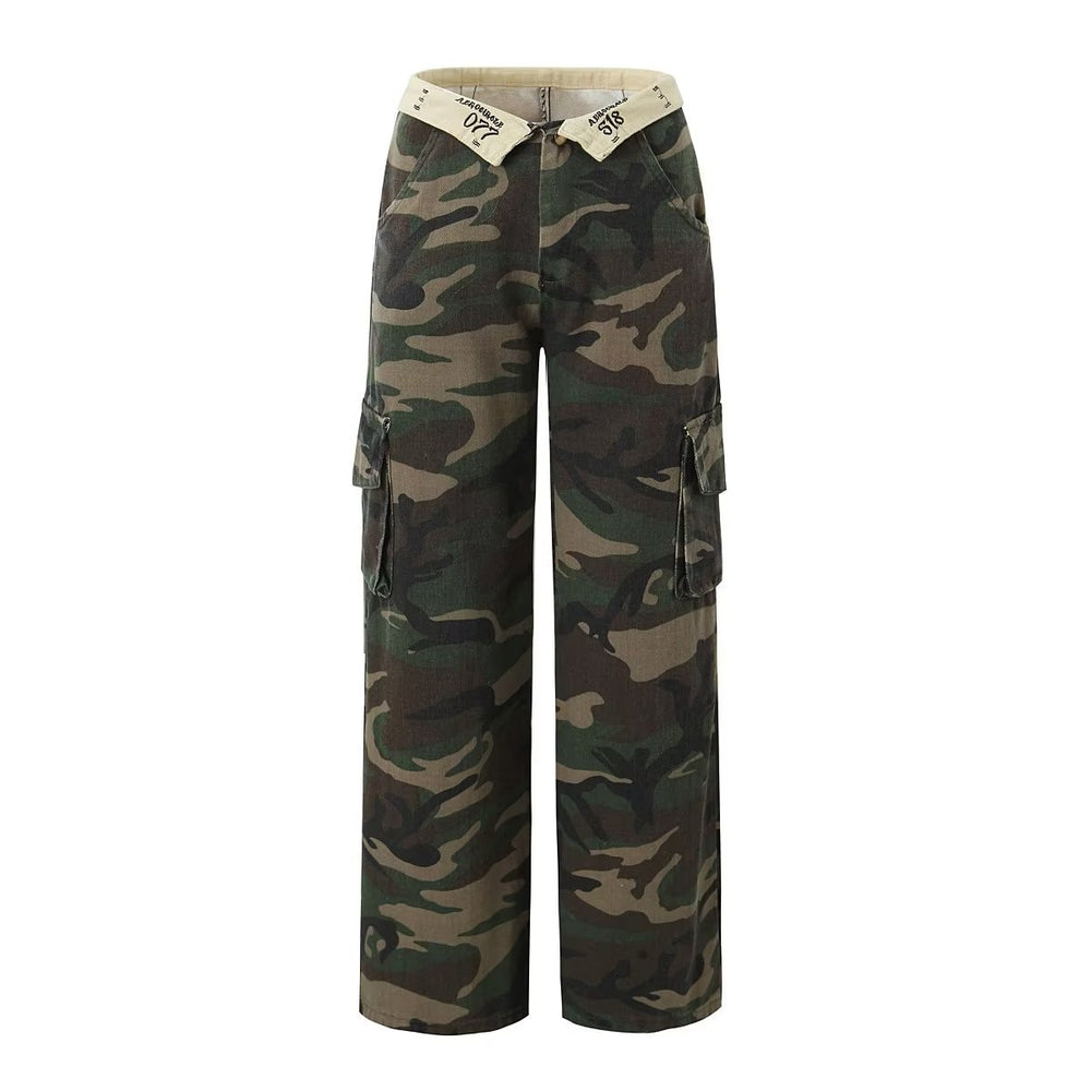 Foldover Waist Low Rise Cargo Camo Pants