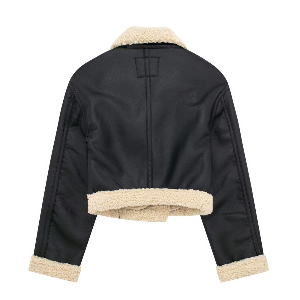 Black Faux Leather Shearling Trim Jacket