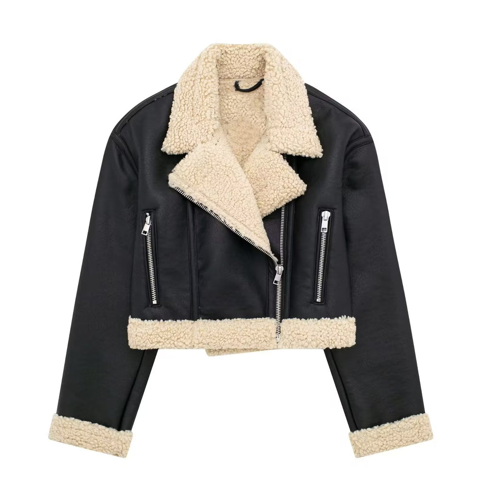 Black Faux Leather Shearling Trim Jacket