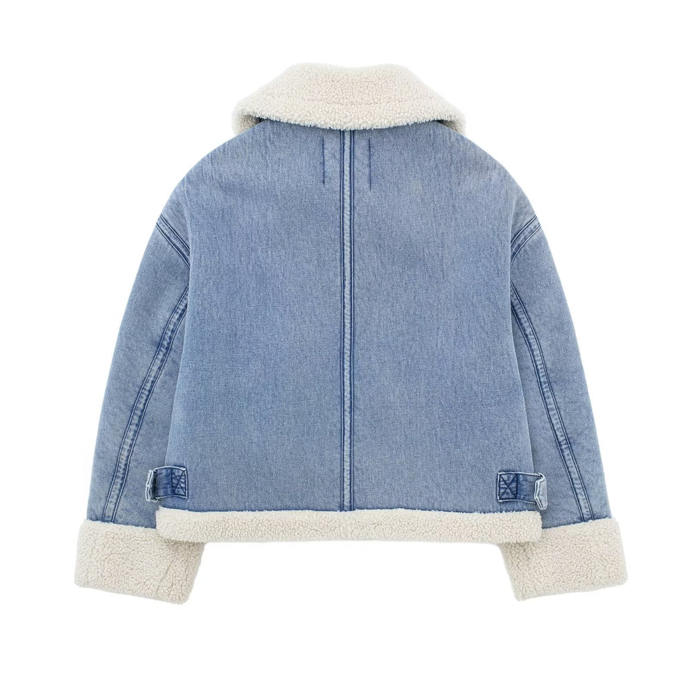 
                      
                        Shearling Trim Zip Up Denim Jacket
                      
                    