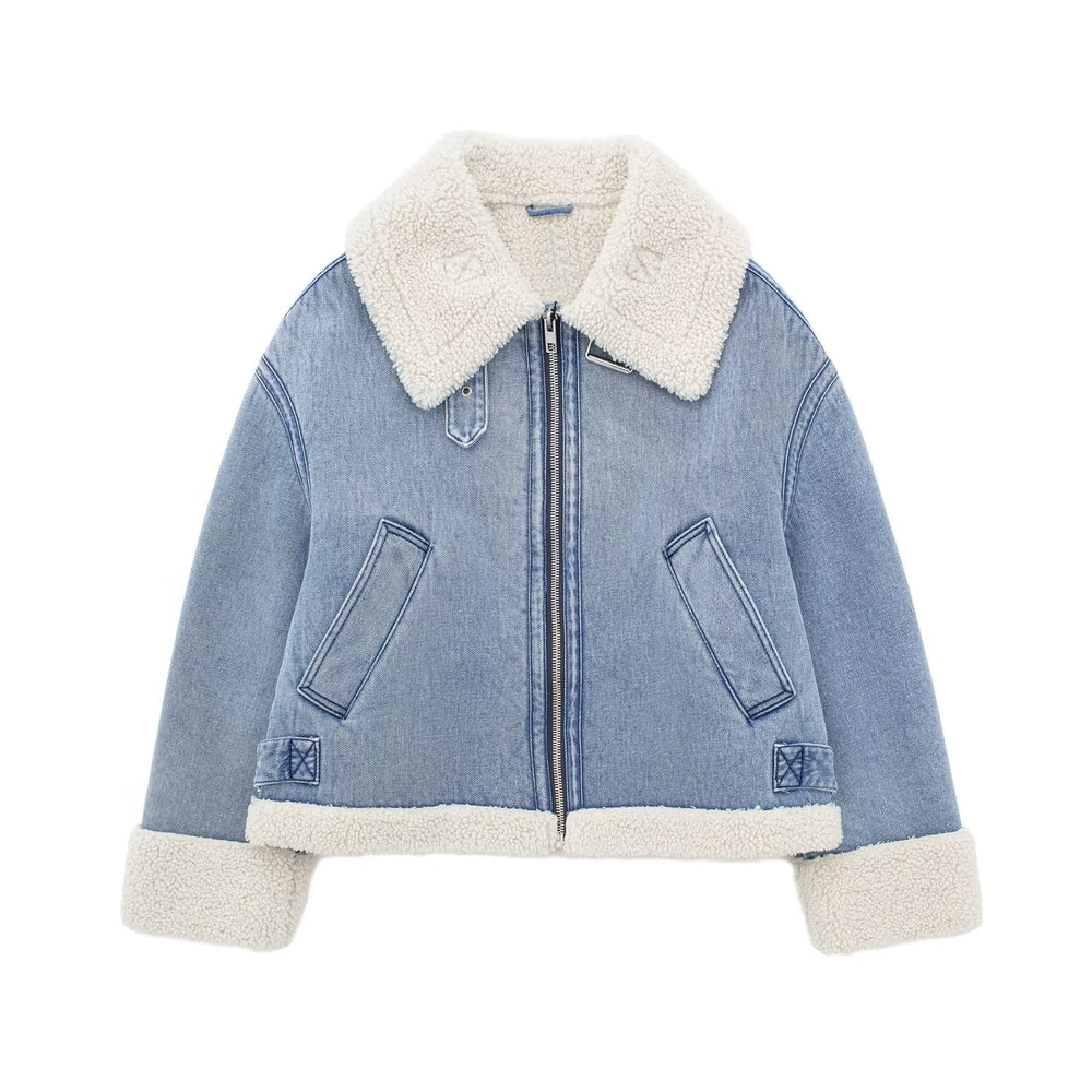 
                      
                        Shearling Trim Zip Up Denim Jacket
                      
                    