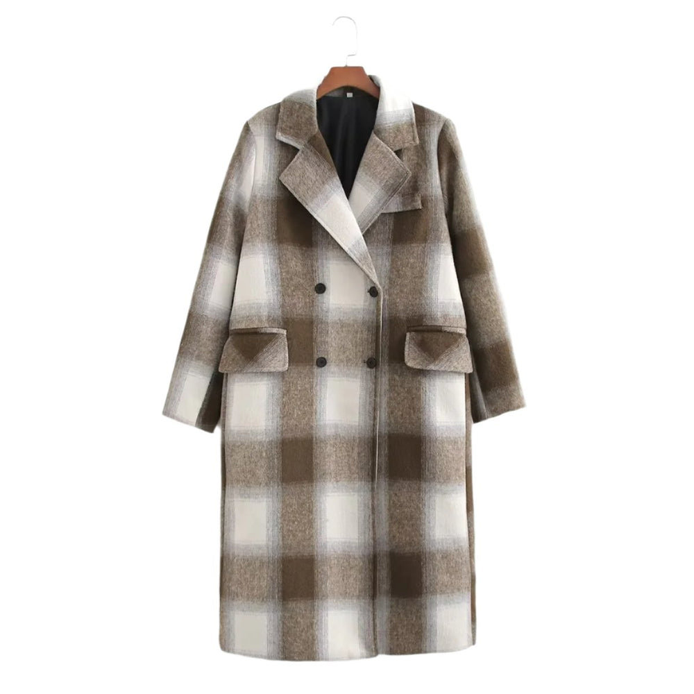 
                      
                        Double Breasted Plaid 3/4 Length Coat
                      
                    