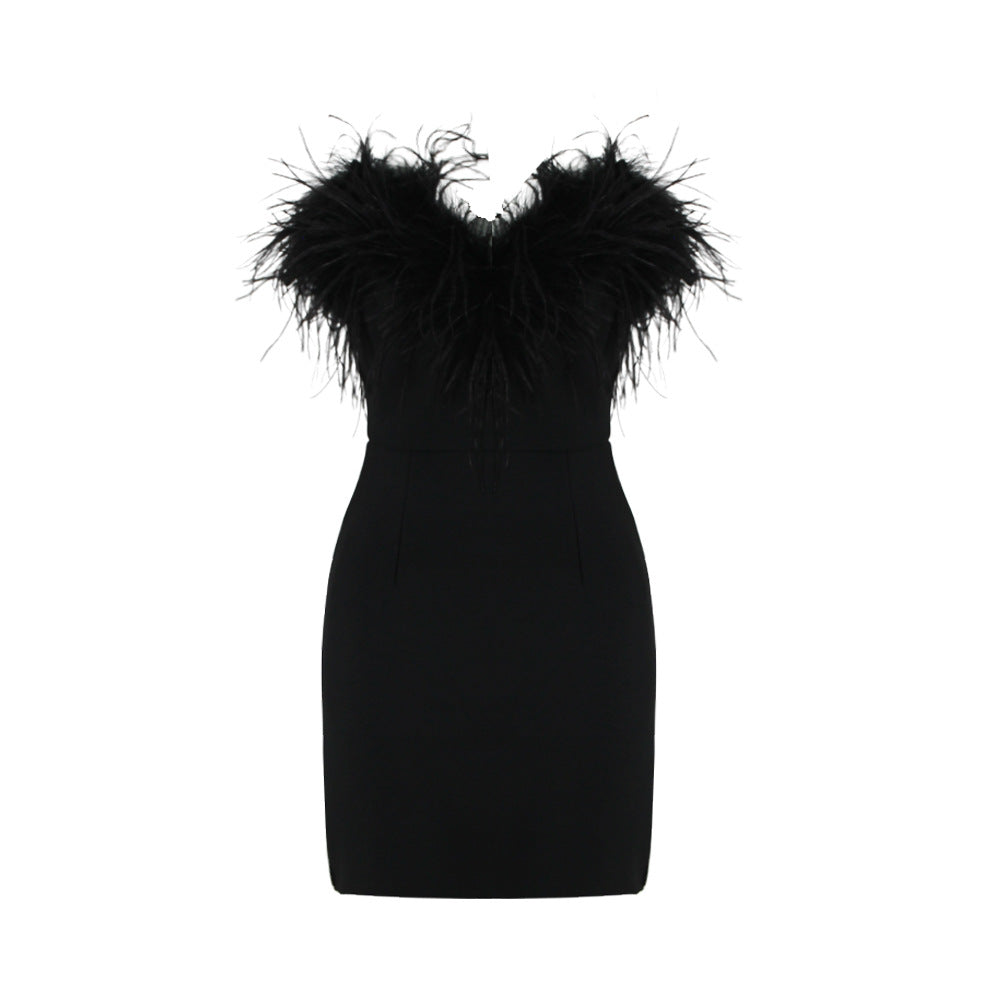 
                      
                        Feather Neckline Strapless Bandage Mini Dress
                      
                    