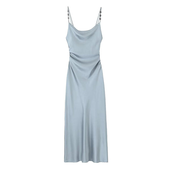 Bejewled Spaghetti Strap Satin Midi Dress