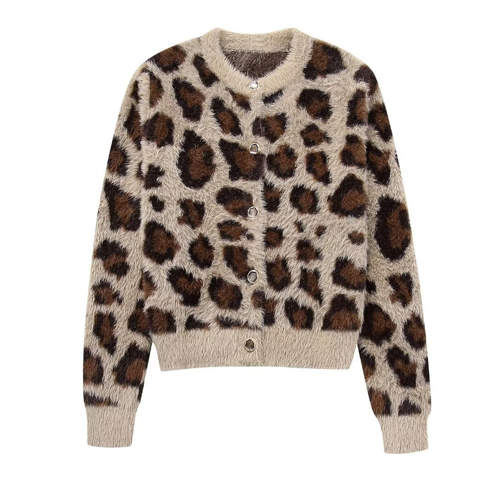 
                      
                        Furry Button Up Crew Neck Leopard Print Sweater
                      
                    