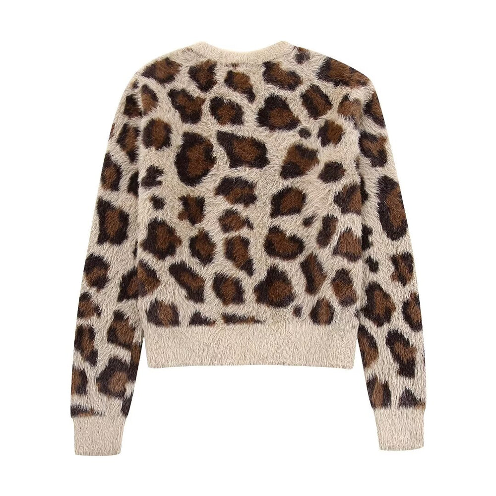 
                      
                        Furry Button Up Crew Neck Leopard Print Sweater
                      
                    