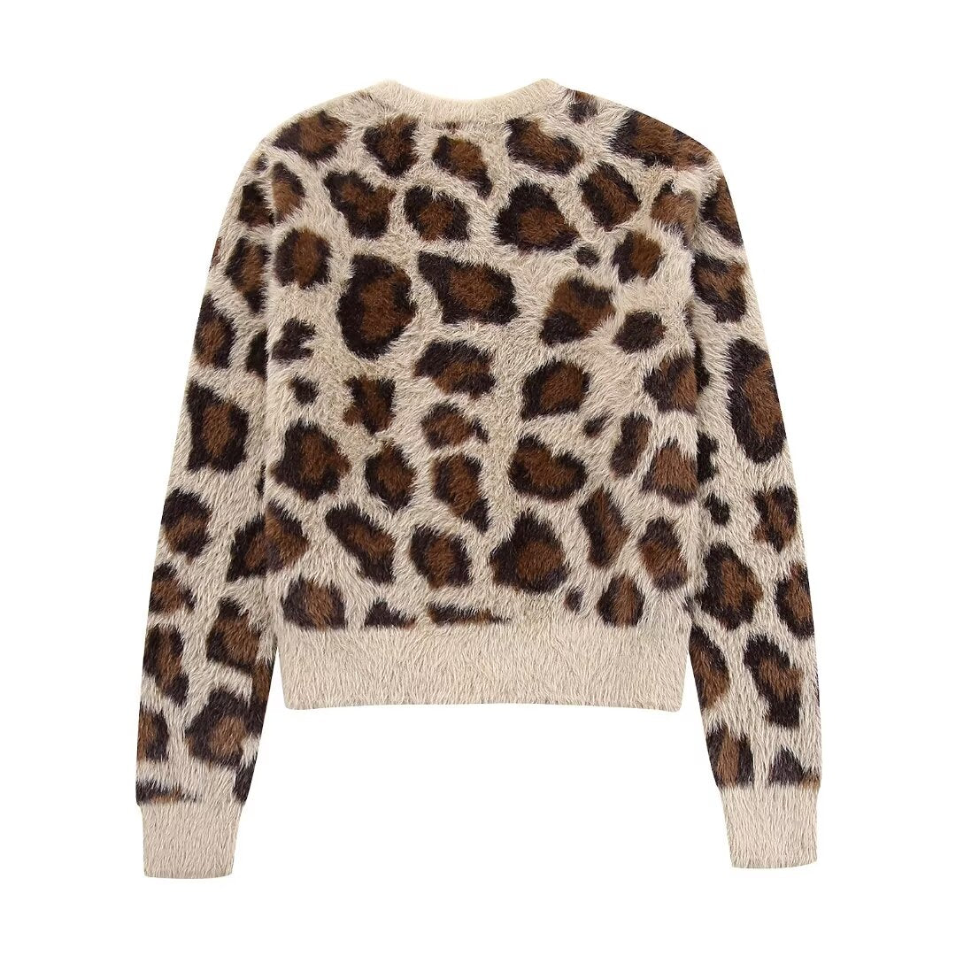 Furry Button Up Crew Neck Leopard Print Sweater