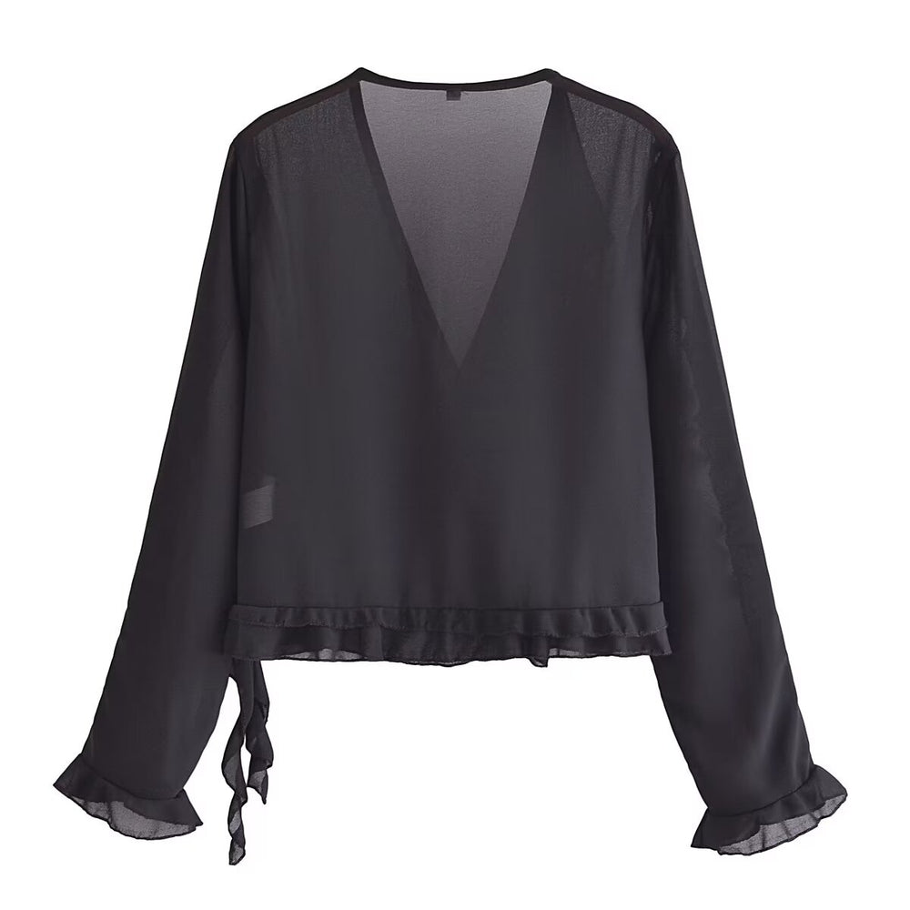 
                      
                        Ruffle Trim Wrap Sheer Blouse
                      
                    