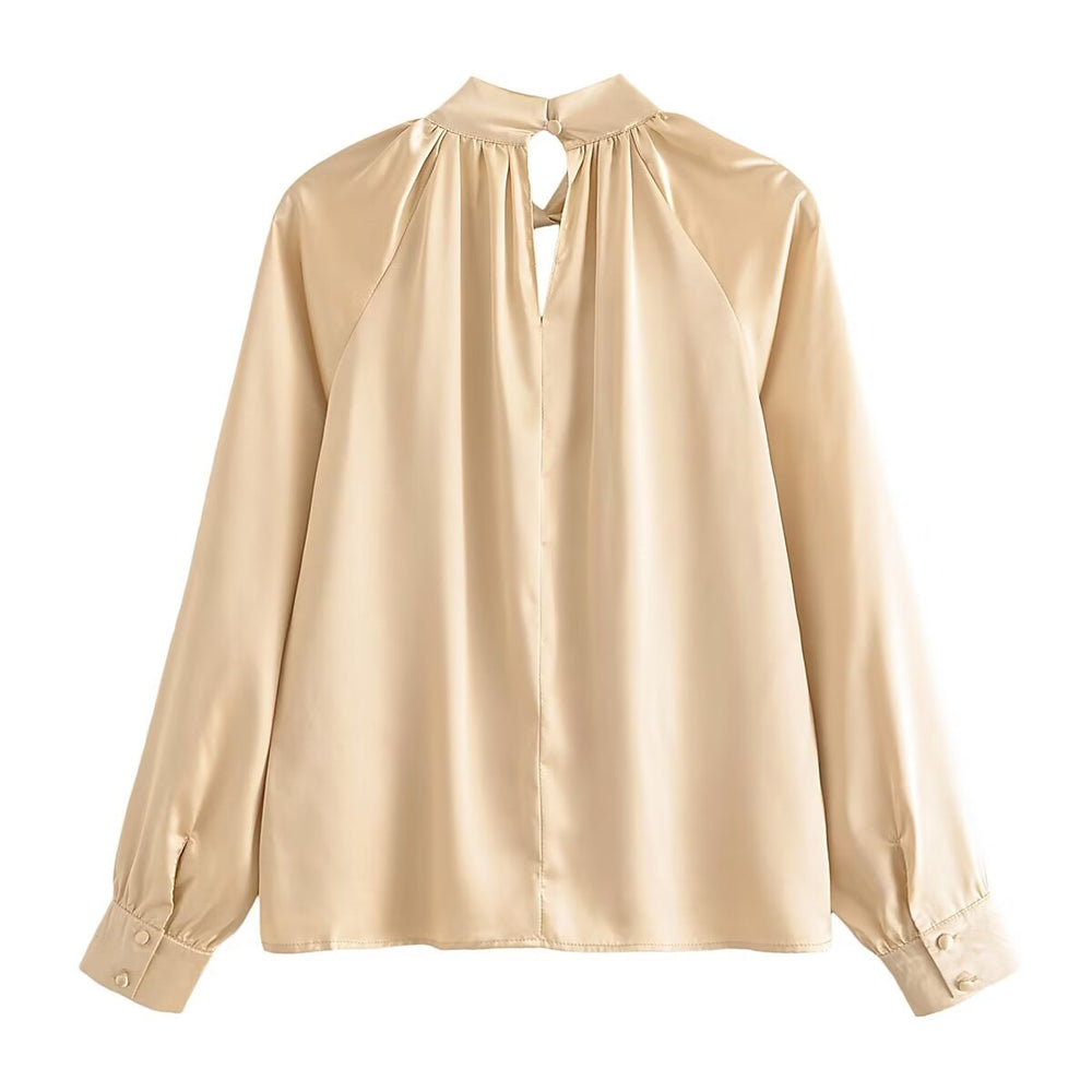 
                      
                        Satin Long Sleeve Cut Out Mock Neck Blouse
                      
                    