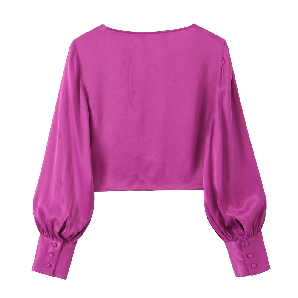 
                      
                        Satin Plunging V Neck Knot Blouse
                      
                    