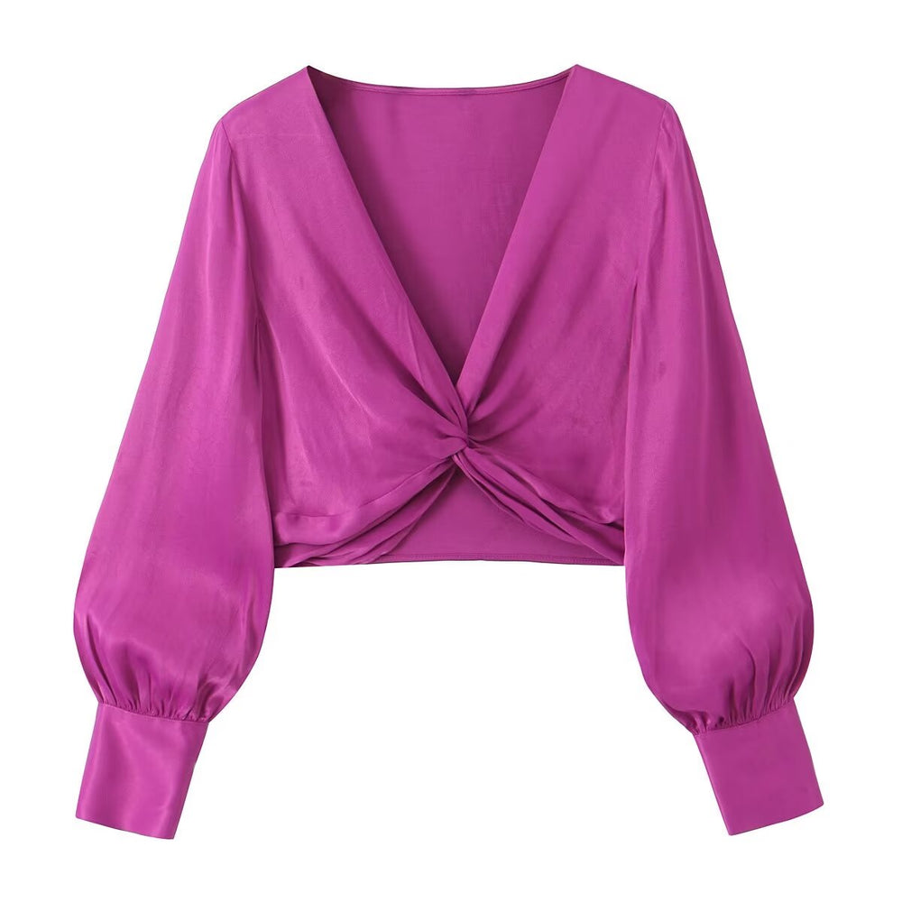 Satin Plunging V Neck Knot Blouse