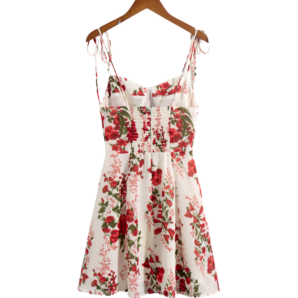 
                      
                        Tied Strap Red Floral Fit and Flare Mini Dress
                      
                    