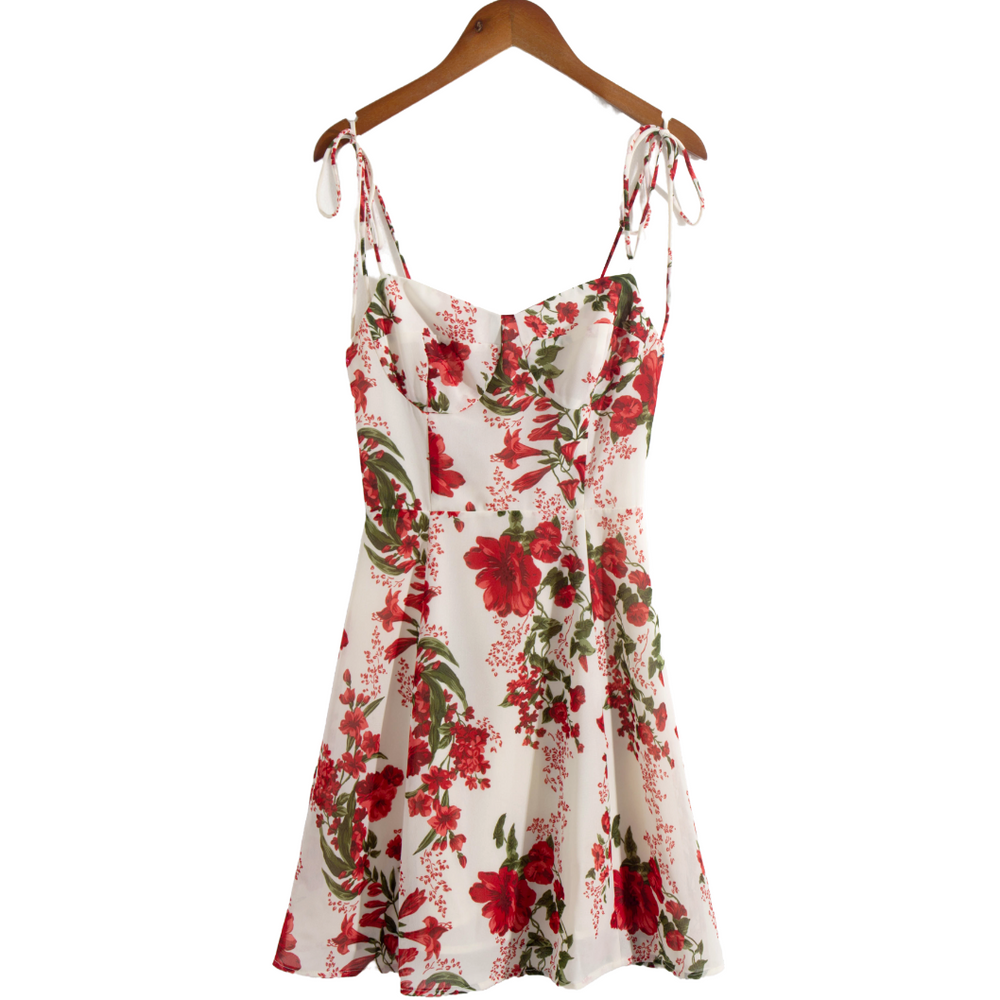 Tied Strap Red Floral Fit and Flare Mini Dress