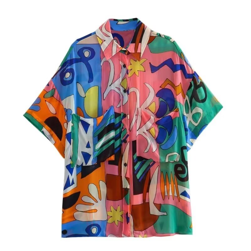 
                      
                        Print Short Sleeve Abstract Button Down Blouse
                      
                    