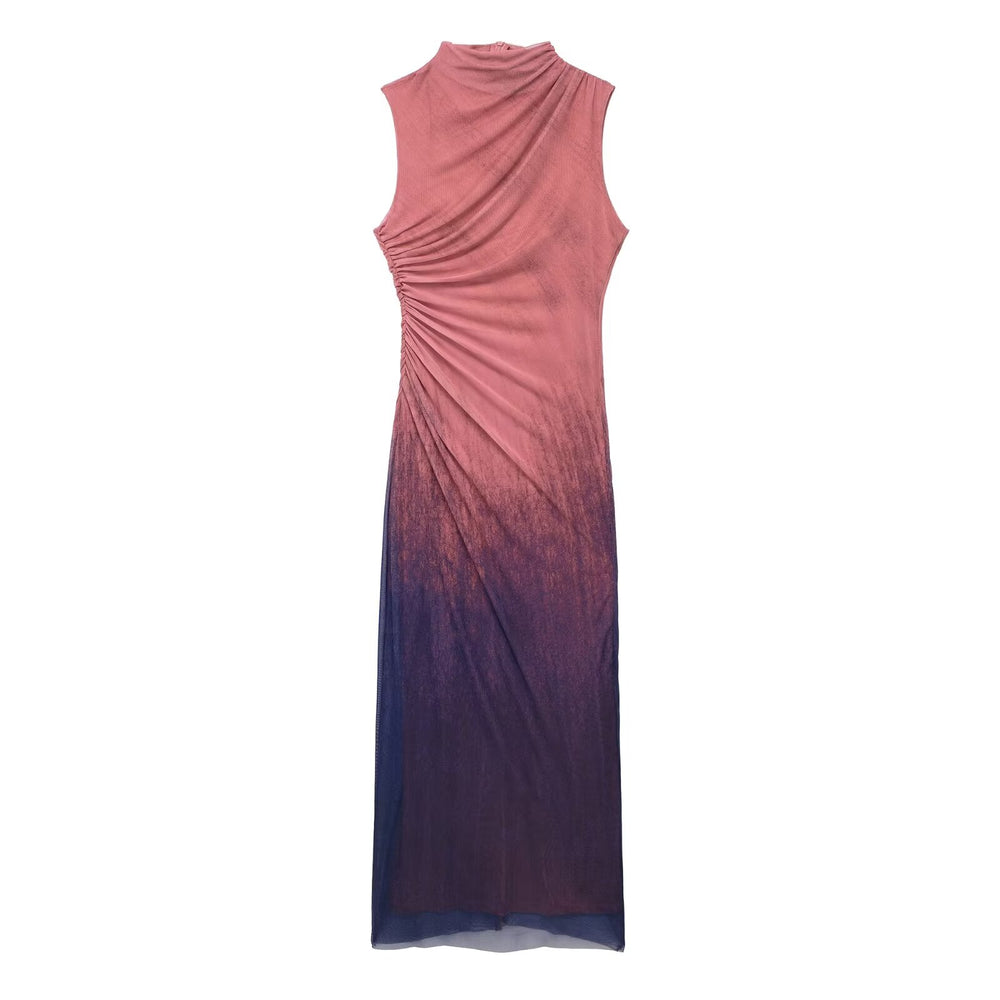 Sleeveless Mock Neck Abstract Print Maxi Dress