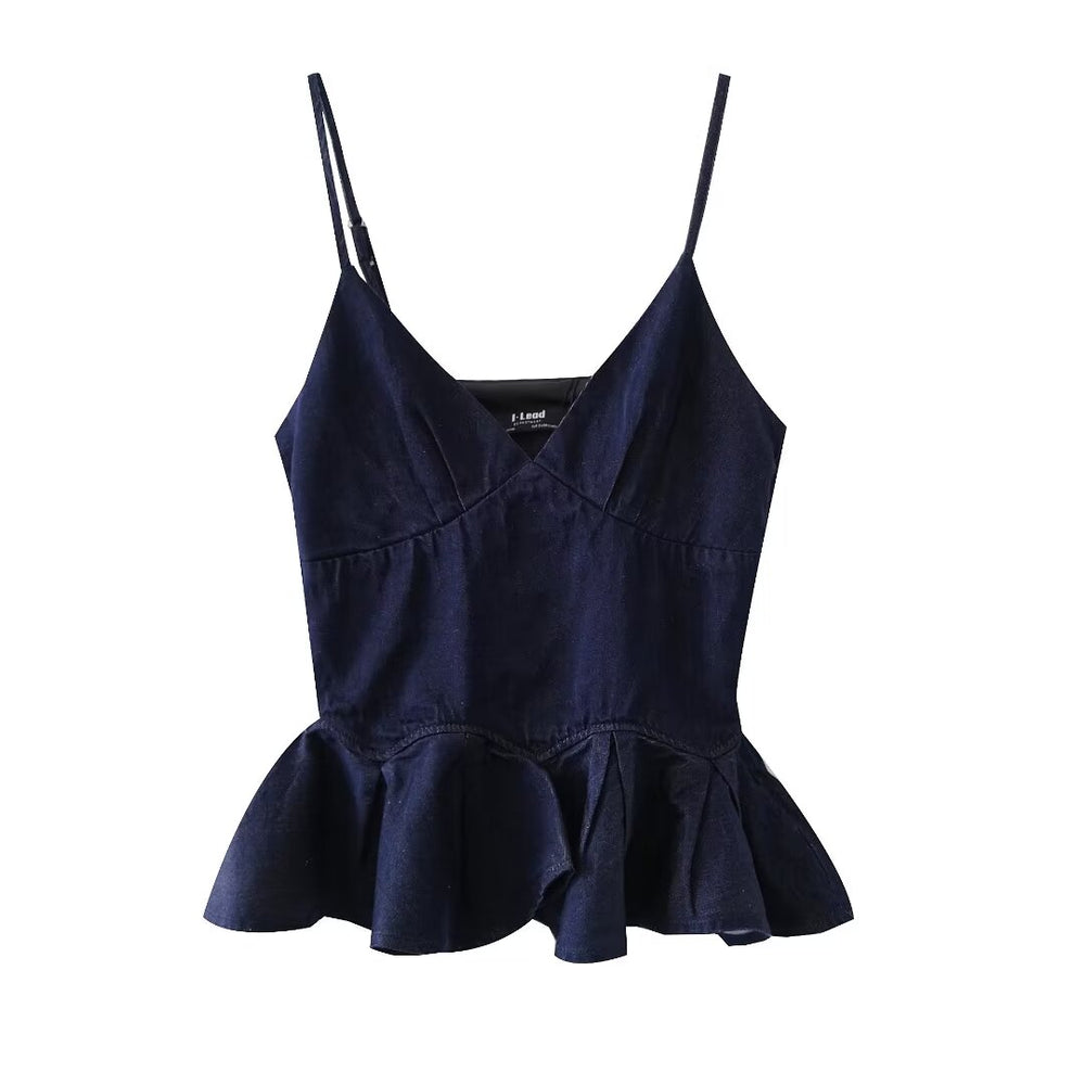 
                      
                        Spaghetti Strap Peplum Dark Wash Denim Top
                      
                    