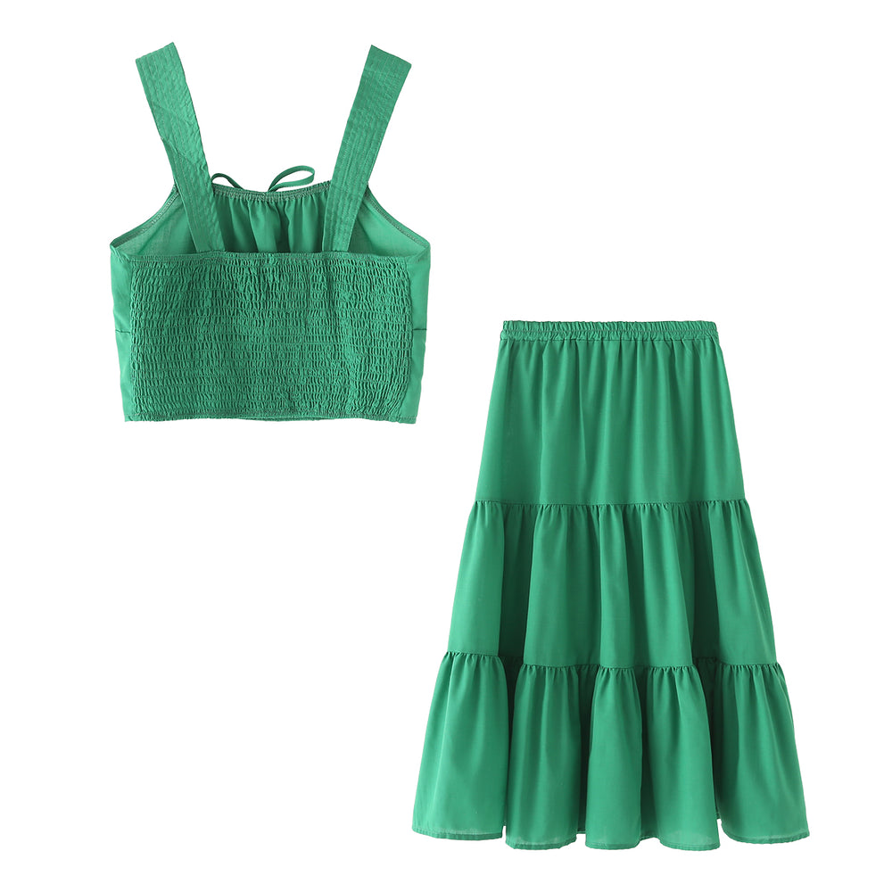 
                      
                        Sleeveless Tie Front Top and Tiered Skirt Set
                      
                    