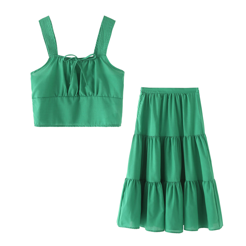 
                      
                        Sleeveless Tie Front Top and Tiered Skirt Set
                      
                    