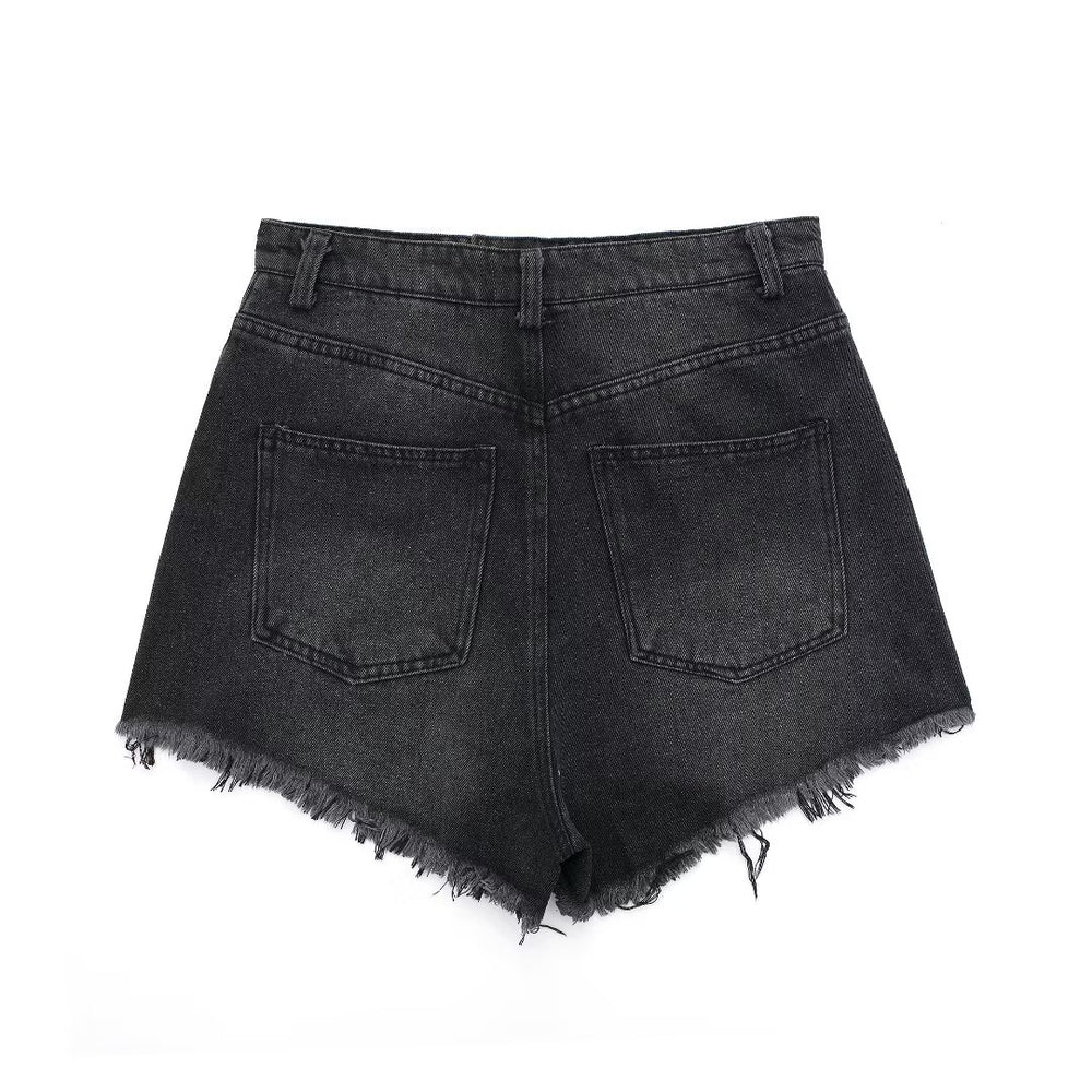 Ripped Hem High Waist Denim Shorts