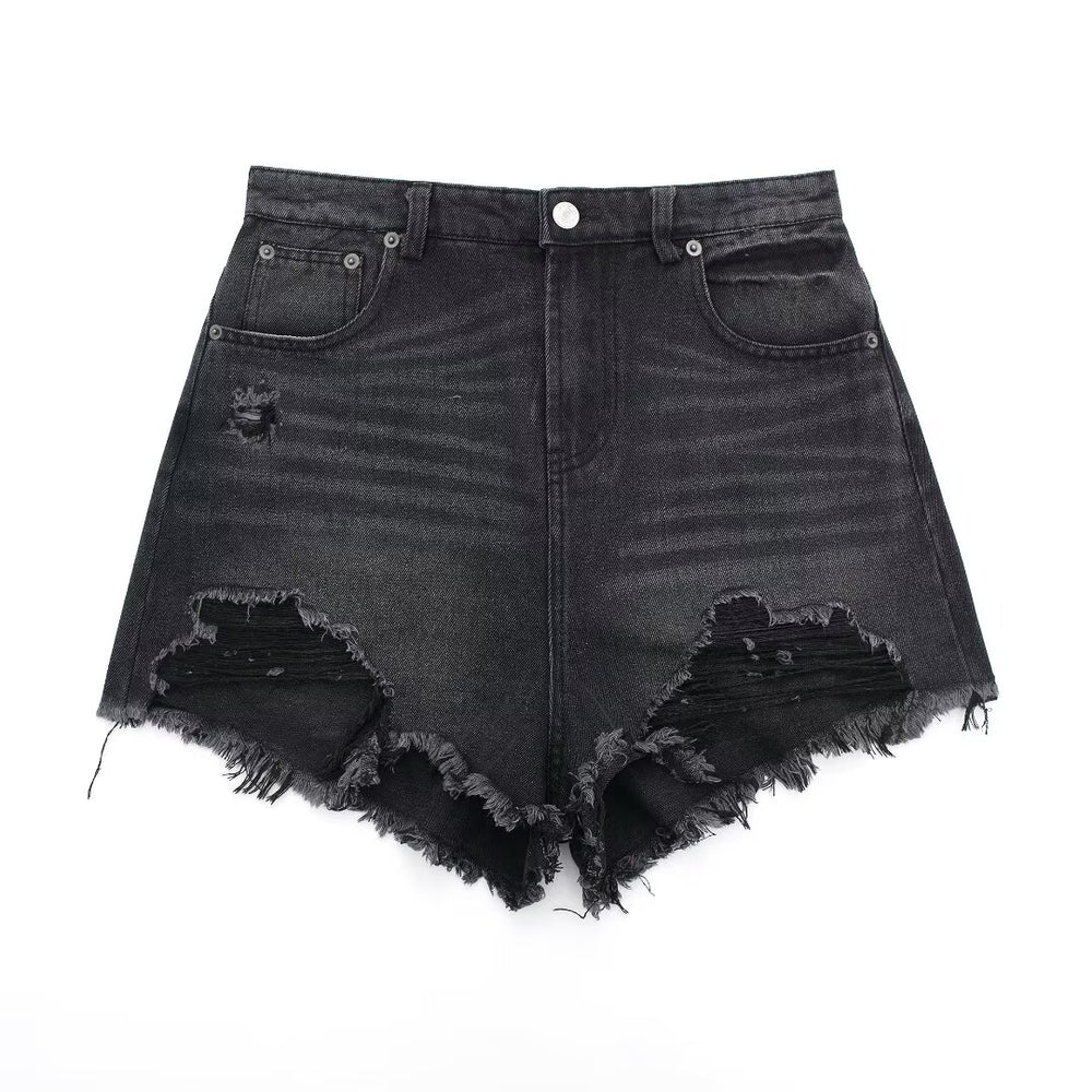 
                      
                        Ripped Hem High Waist Denim Shorts
                      
                    