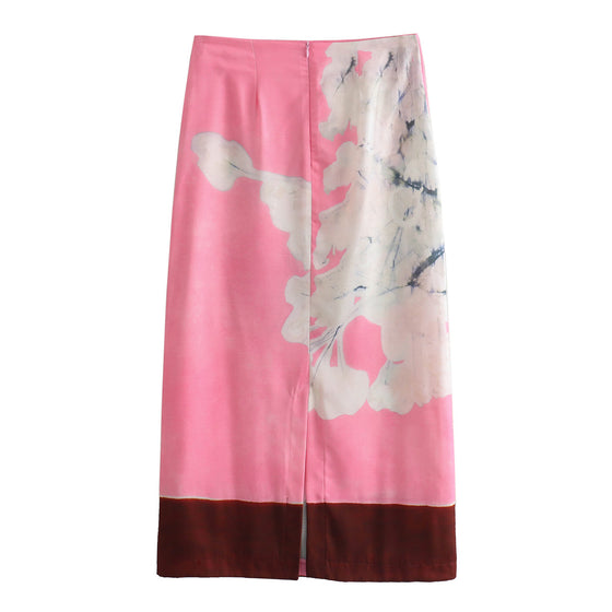 French Linen Graphic Print Midi Skirt