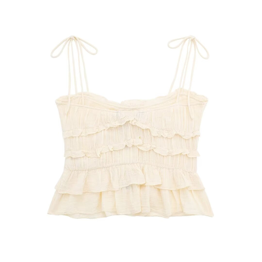 
                      
                        Ruffle Trim Spaghetti Strap Rosette Top
                      
                    