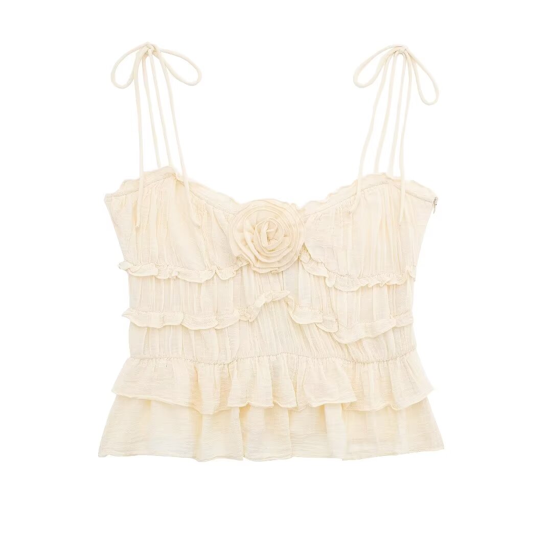 Ruffle Trim Spaghetti Strap Rosette Top