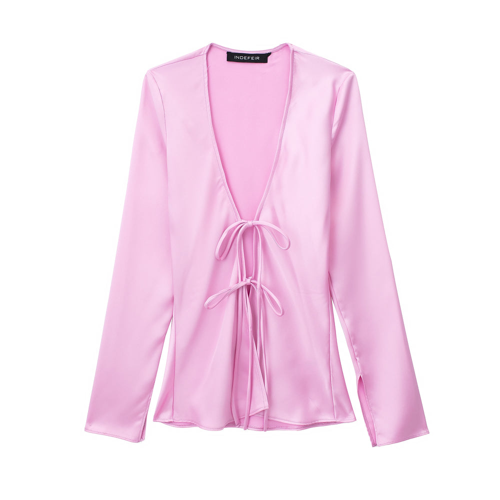 
                      
                        Satin Texture Long Sleeve Tied Blouse
                      
                    