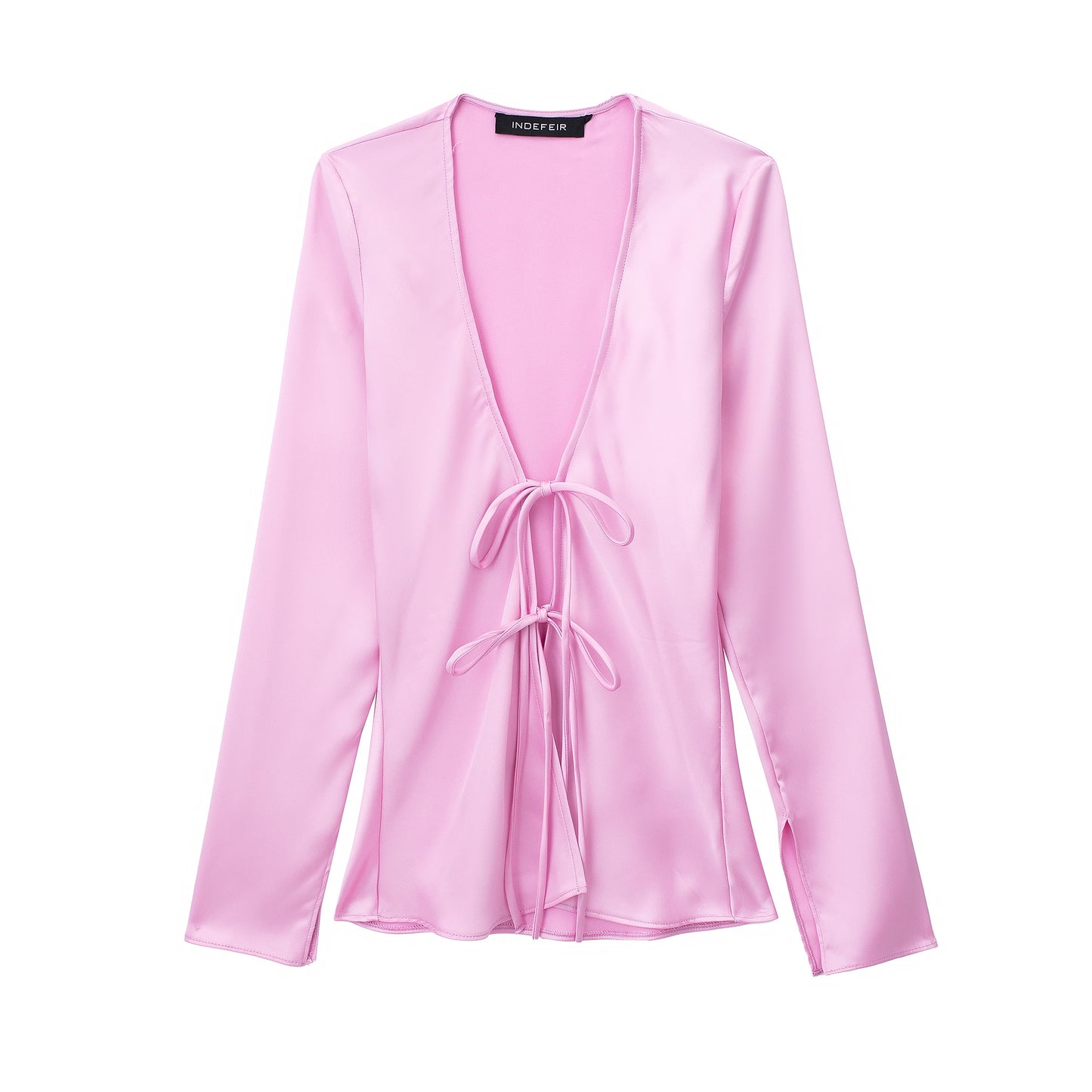 Satin Texture Long Sleeve Tied Blouse