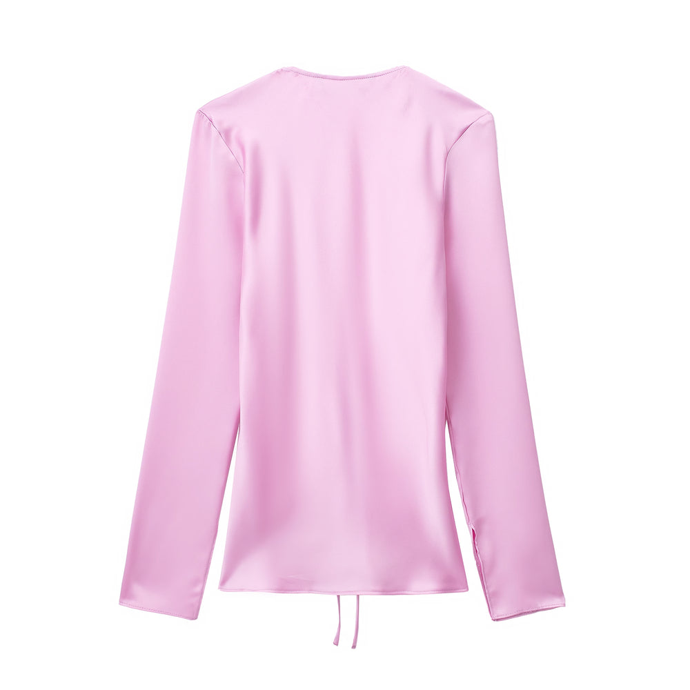 
                      
                        Satin Texture Long Sleeve Tied Blouse
                      
                    