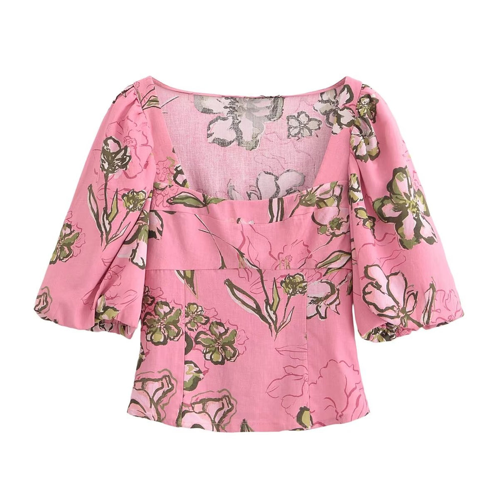 
                      
                        Short Sleeve Floral Print Square Collar Blouse
                      
                    