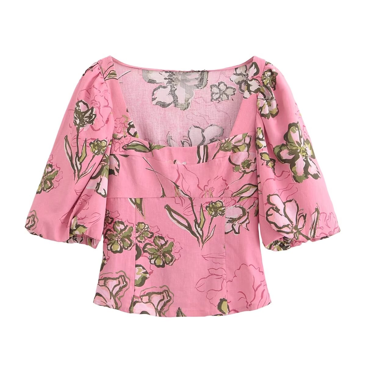 Short Sleeve Floral Print Square Collar Blouse