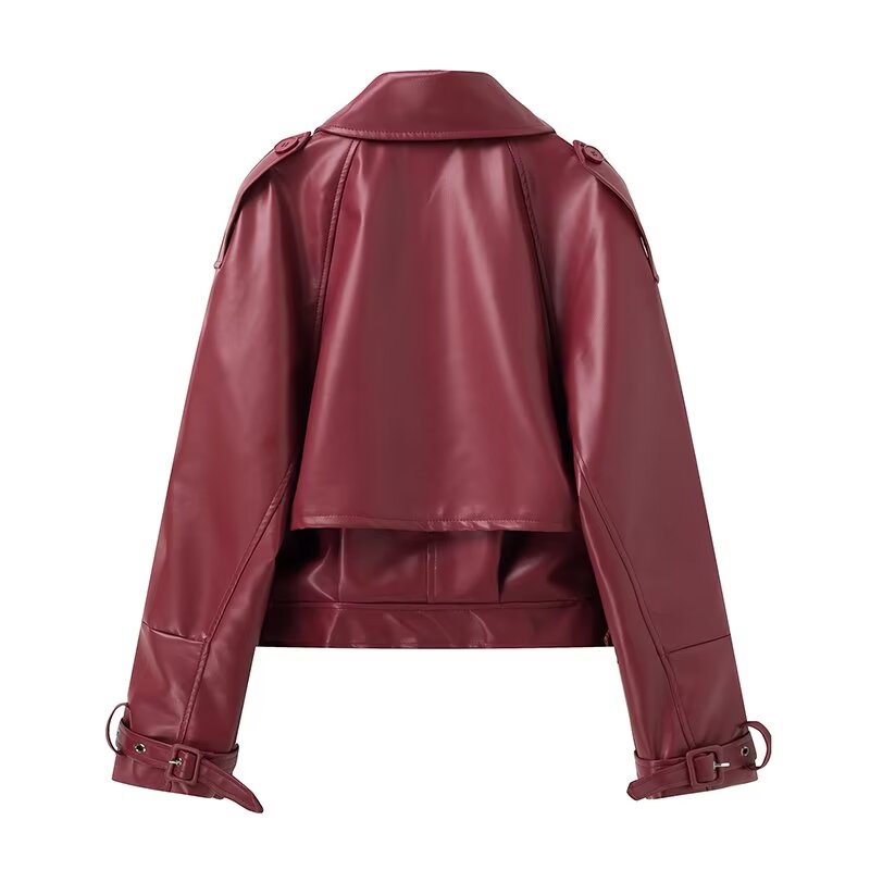 Long Sleeve Faux Leather Dark Red Moto Jacket