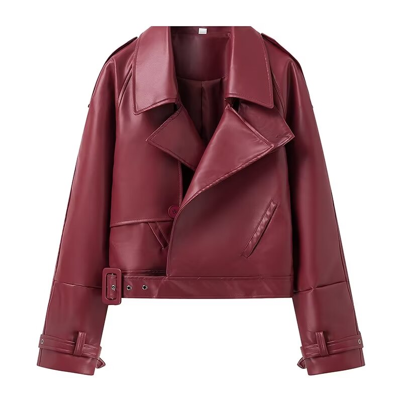 Long Sleeve Faux Leather Dark Red Moto Jacket