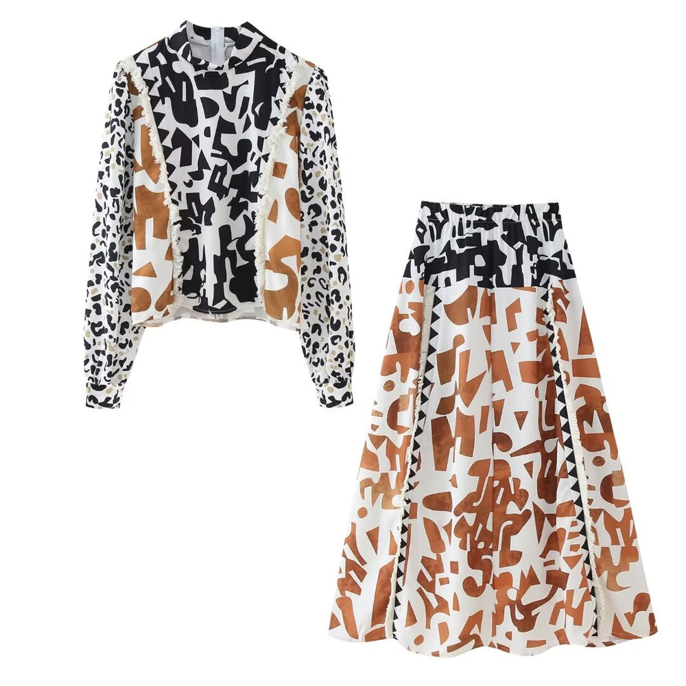 Print Long Sleeve Blouse and Midi Skirt Set